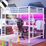 Lit mezzanine 140x200 cm avec bureau & �clairage ledcadre de lit en fer - �tag�res & garde - corps de ...