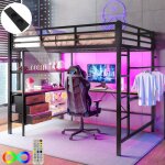 Lit mezzanine 140x200 cm avec bureau & �clairage ledcadre de lit en fer - �tag�res & garde - corps de ...