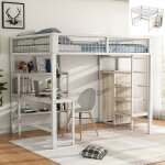 Lit mezzanine 140x200 cm - jaerliub - métal blanc - bureau intégré - Étagères de rangement - 2 places ... Lit mezzanine 140x200 cm - jaerliub - métal blanc - bureau intégré - Étagères de rangement - 2 places ...