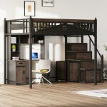 Lit mezzanine - langtu - 140 x 200 cm - m�tal noir - �chelle interchangeable g / d - rangements int�gr�s ...