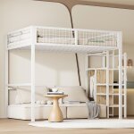 Lit mezzanine 140x200 cm avec �chelle lit denfant avec cadre en fer et �tag�re de rangement armoire blanc ...