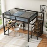 Lit mezzanine 140x200 cm avec chelle de rangement bureau et multiples tagres matelas non inclus armoire ...