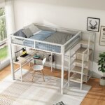 Lit mezzanine 140x200 cm avec chelle de rangement table et multiples tagres matelas non inclus armoire ...