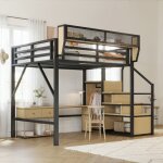 Lit mezzanine - langtu - 140x200 - structure m�tal - rangement int�gr� & escalier - noir