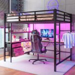 Lit mezzanine lit 140x200 cm �clairage dambiance avec t�l�commande bureau prise + usb 3 tiroirs �tag�res ...