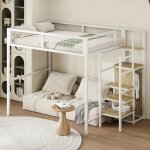 Lit mezzanine - langtu - loft haut 140x200 - �chelle s�curit� avec armoire - garde - corps maille - structure ...