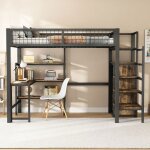 Lit mezzanine 140x200 cm lit en fer chelle de rangement plusieurs tagres sans matelas armoire intgre ...