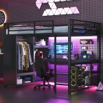 Lit mezzanine 140x200 cm gaming en m�tal avec �clairage led bureau penderie ouverte et compartiments ...