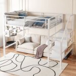 Lit mezzanine 140x200 cm en m�tal blanc avec �tag�res int�gr�es �chelle de rangement et garde - corps ...