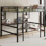 Lit mezzanine - 140x200 cm - mtal noir - bureau et bibliothque - 2 tagres