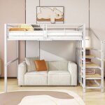 Lit mezzanine 140x200 cm - m�tal - rangement spacieux - acc�s par escalier - 2 places