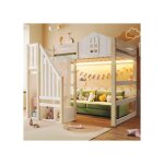 Lit mezzanine 140x200 avec clairage led voilage chelle de rangement lit cabane enfant avec fentre ...