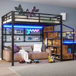 Lit mezzanine 140x200 avec led 7 couleurs lit coffre avec penderie et �chelle de rangement grille pour ...