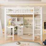 Lit mezzanine 140x200cm lit adulte avec rangements multiples lit double avec �chelle + bureau + 3 tiroirs ...
