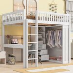 Lit mezzanine 140x200cm blanc avec bureau armoire 3 tiroirs rangements garde - corps escalier (sans matelas) ...
