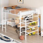 Lit mezzanine 140x200cm bureau armoire ouverte escalier  marches pour le rangement cadre en fer blanc ...