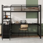 Lit mezzanine 140x200cm avec bureau en l cadre fer & tiroirs design stratifi� noir - espace optimis� ...