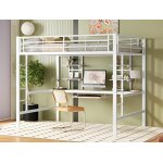 Lit mezzanine 140x200cm - blanc - bureau intégré - Étagères - cadre en métal Lit mezzanine 140x200cm - blanc - bureau intégré - Étagères - cadre en métal