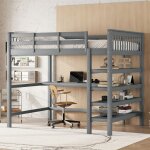 Lit mezzanine - 140 x 200 cm - bureau et rangements - bois pin & mdf - gris