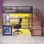 Lit mezzanine 140x200cm - avec �clairage led - avec escalier de rangement - avec penderie ouverte - noir(sans ...