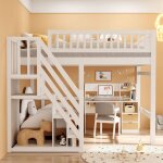 Lit mezzanine enfant 140x200cm lit 2 places avec armoire de rangement lit ado lit simple avec sommier ...