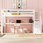 Lit mezzanine 140x200cm lit enfant avec tiroirs de rangement et bureau sous le lit pin blanc