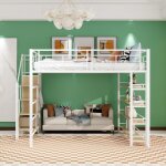 Lit mezzanine 140x200cm - blanc - mtal - escalier de scurit - espace de rangement - 1 place