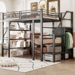 Lit mezzanine 140x200cm en m�tal - avec un bureau & compartiments de rangement - noir