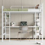 Lit mezzanine 140x200cm lit structure en fer lit double lit enfant avec bureau 5 étagères de rangement ... Lit mezzanine 140x200cm lit structure en fer lit double lit enfant avec bureau 5 étagères de rangement ...