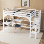 Lit mezzanine enfant 140x200cm 2 places lit en bois massif avec bureau escalier avec armoire ouvert pin ...