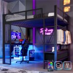 Lit mezzanine 2 places adulte 140x200 avec bureau led et multiprise usb lit gaming gamer avec 3 tiroirs ...
