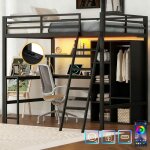 Lit mezzanine 2 places adulte 140x200 led avec app bureau prise et usb c / a tagre armoire - lit bureau ...