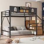 Lit mezzanine - 2 places - m�tal - 140x200 cm - noir - �chelle de rangement