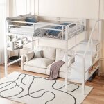Lit mezzanine 2 places140x200 cmlit superpos� enfant �tag�res�chelle de rangementbarri�re de s�curit�blanc ...
