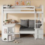 Lit mezzanine 90�200 cm avec une �chelle une table extensible un canap� et trois coussins avec �tag�res ...