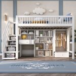 Lit mezzanine 90�200cm lit enfant avec bureau armoire et rangements � plusieurs compartiments bois massif ...