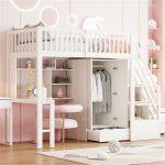 Lit mezzanine 90 x 200 cm enfant avec bureau et armoire lit simple avec echelle int�gr�e et espace de ...