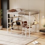Lit mezzanine 90 x 200 cm lit en mtal avec bureau et trois grandes tagres adapt  tous - blanc