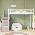 Lit mezzanine en m�tal 90 x 200 cm lit enfant avec barri�re �chelle de rangement et sommier � lattes ...