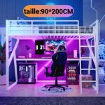 Lit mezzanine led 90 x 200 cm lit simple avec bande led bureau rampe escalier lit en fer de style gaming ... Lit mezzanine led 90 x 200 cm lit simple avec bande led bureau rampe escalier lit en fer de style gaming ...