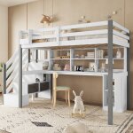 Lit mezzanine 90x200 avec bureau & rangement - 2 bo�tes en tissu - escalier de rangement - s�curit� en747 ...