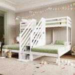 Lit mezzanine 90x200 cm 3 couchages pin blanc �chelle escamotable tiroirs garde - corps certifi� en747 ...