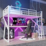 Lit mezzanine 90x200 cm avec abureau - lit enfant éclairage led avec rampe escalier - structure en fer ... Lit mezzanine 90x200 cm avec abureau - lit enfant éclairage led avec rampe escalier - structure en fer ...