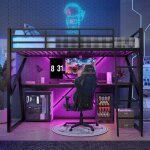 Lit mezzanine 90x200 cm avec abureau - lit enfant �clairage led avec rampe escalier - structure en fer ...