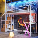 Lit mezzanine - langtu - 90x200 cm - �clairage led t�l�command� - bureau int�gr� - penderie & �chelle ...