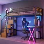 Lit mezzanine - langtu - 90x200 cm - led t�l�command� - �chelle de rangement - penderie int�gr�e