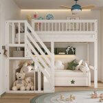 Lit mezzanine 90x200 cm en bois massif escalier avec meuble de rangement lit enfant simple structure ...