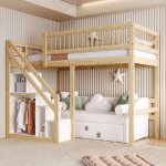 Lit mezzanine 90x200 cm en bois massif escalier avec meuble de rangement lit enfant simple structure ...