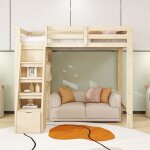 Lit mezzanine 90x200 cm en bois massif - table de travail intgre tagres et placards - chelle scurise ...