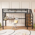 Lit mezzanine - noir - 90x200 cm - avec bureau et armoire - en fer - 1 place
